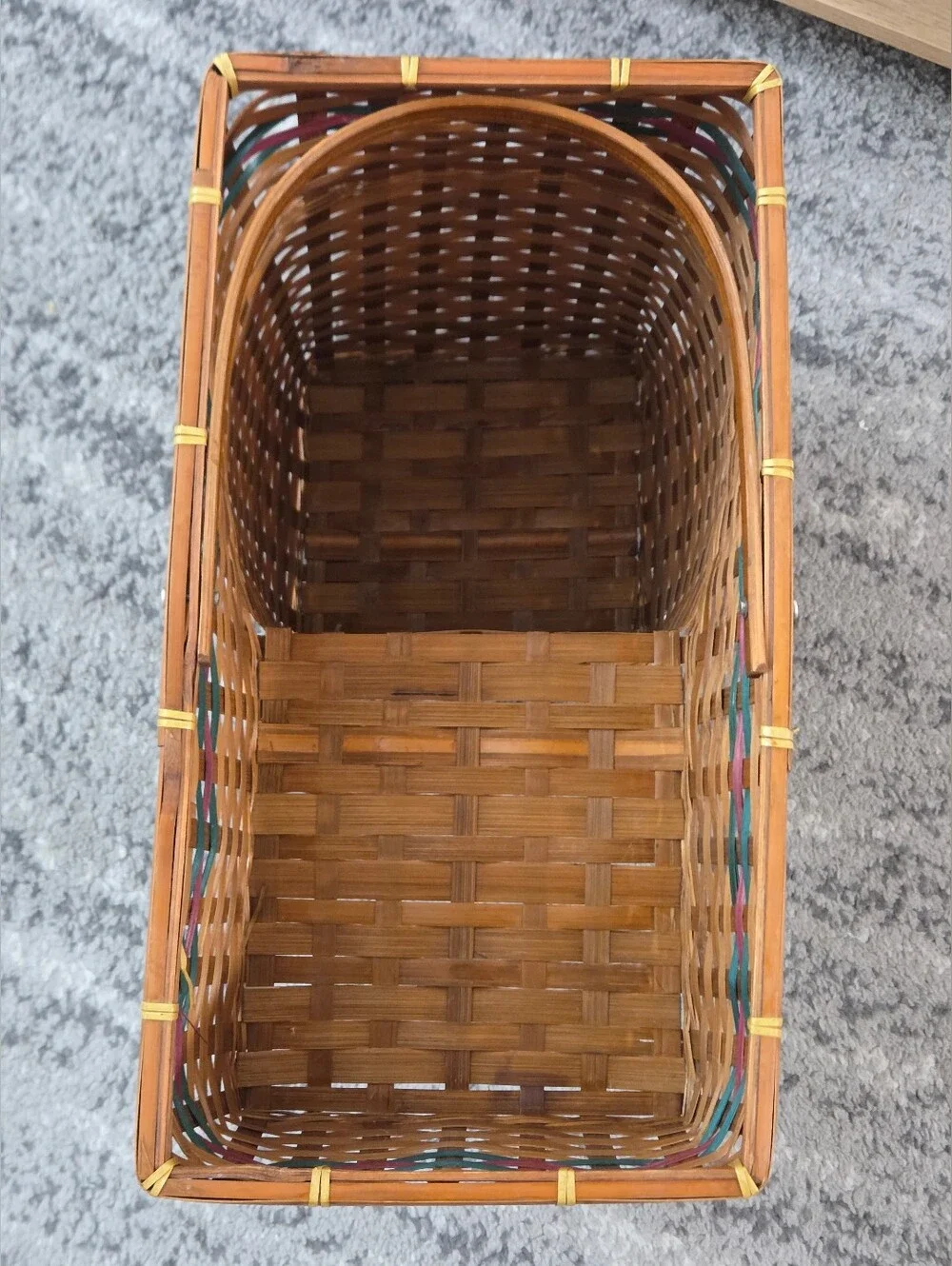 Vintage Rustic Woven Stair Step Wicker Basket Organizer Green Red Stripe Cottage